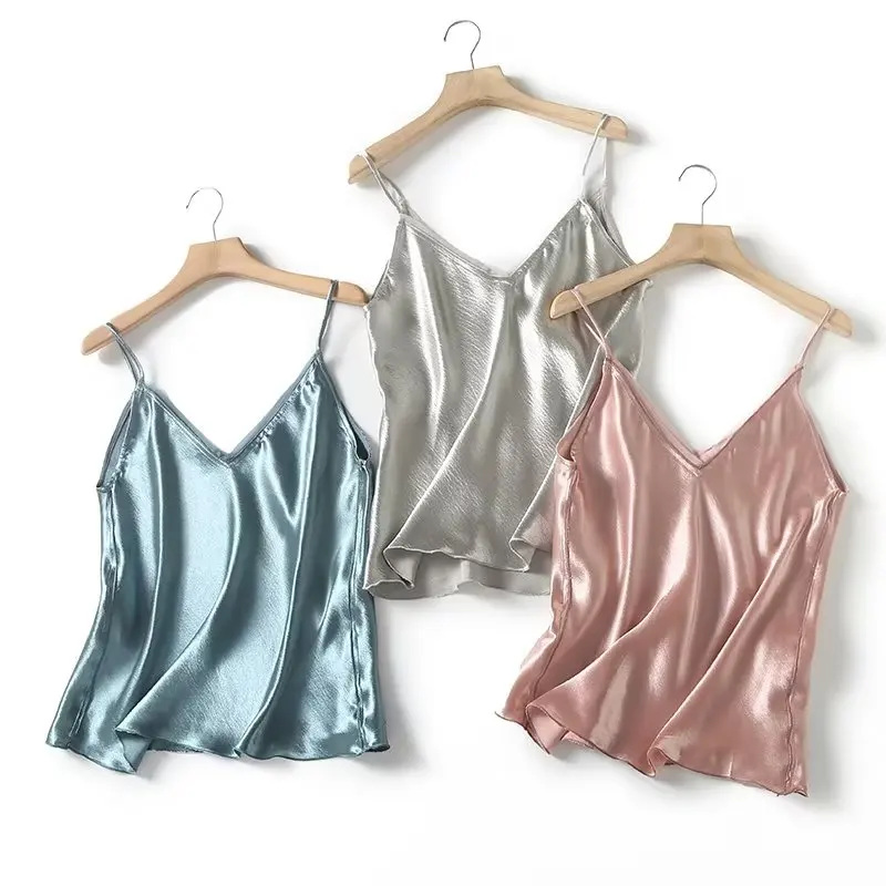 

Withered French Elegant Lazy Wind Satin Camisole Top Fashion Summer Shirt Ladies Blouse
