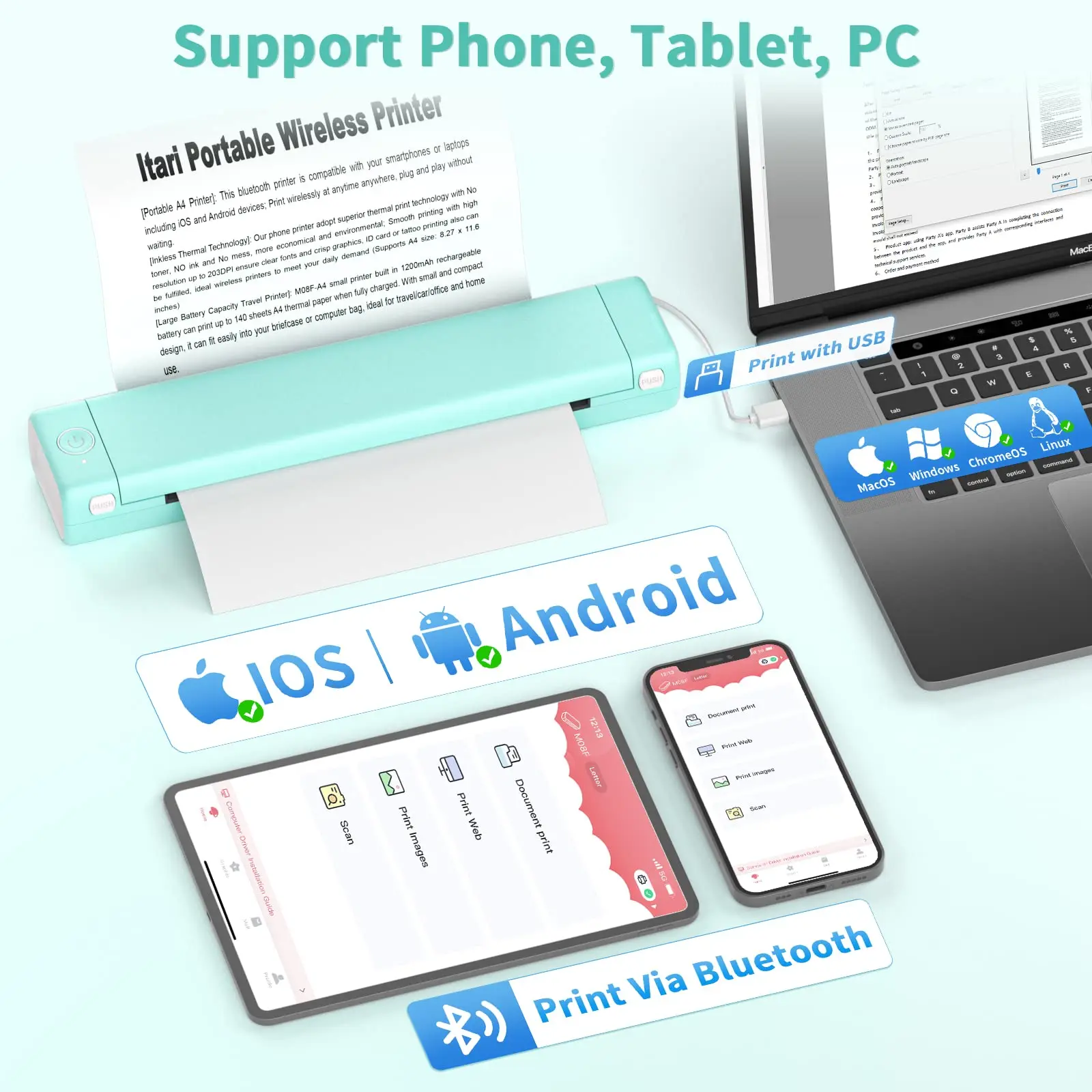 

M08F A4 Portable Wireless Printer Bluetooth Handheld Mini Personal Home Office Printers HD Thermal Printing No Need To Use Ink