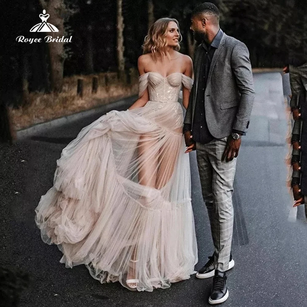 

Пляжное свадебное платье в стиле бохо с открытыми плечами, кружевные аппликационные свадебные платья, без рукавов, иллюзионные элегантные ...