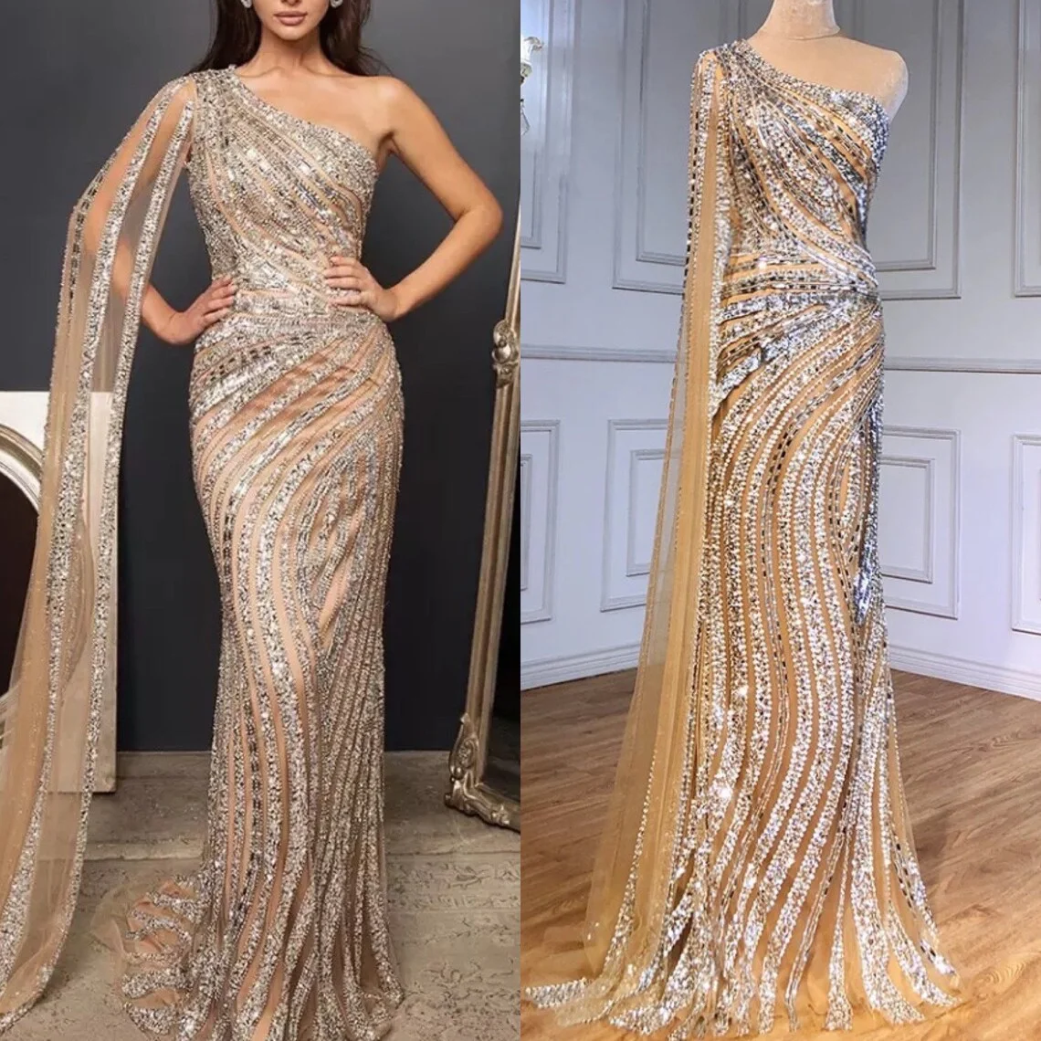 

Autumn Elegant Evening Dress Floor Length Mermaid Women Formal Female Wear Beaded Party Prom Gown 2022