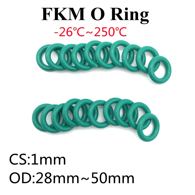 

50pcs Superior FKM Fluorine Rubber O Ring CS 1mm OD 28mm ~ 50mm Sealing Gaskets Insulation Oil High Temperature Resistance Green