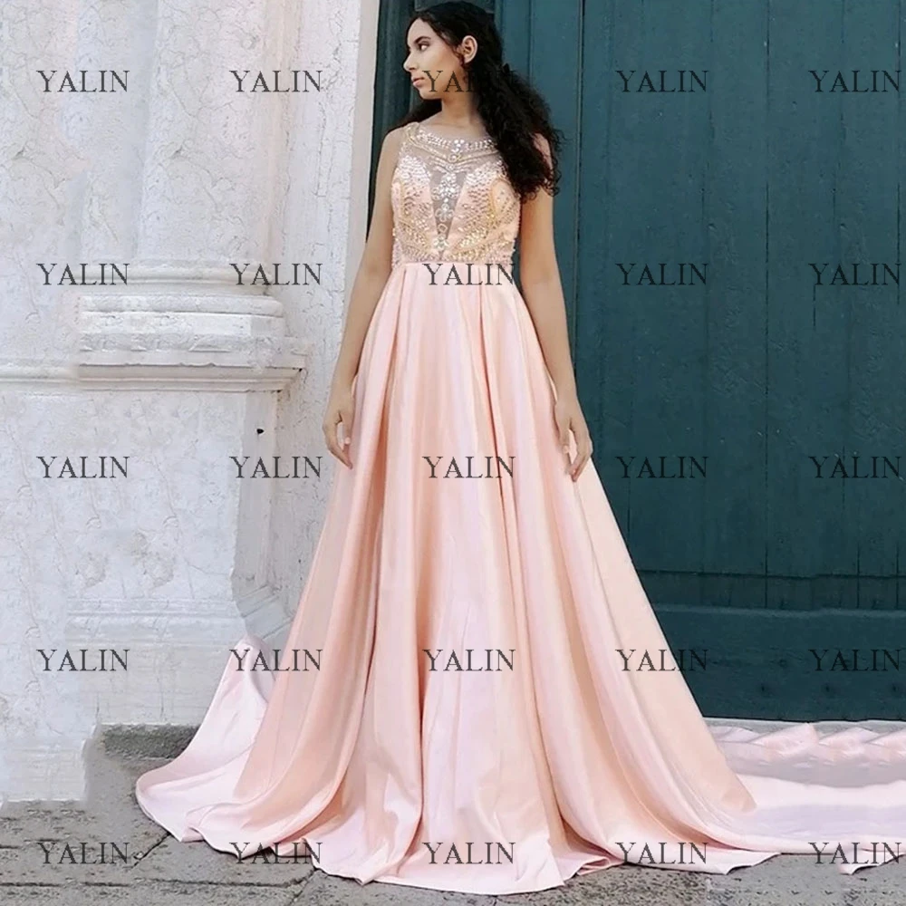 

Женское атласное платье-трапеция YALIN, розовое плиссированное платье принцессы для выпускного вечера со шлейфом, лямкой на шее, без рукавов, ...