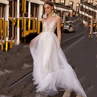 a line v neck hy423 wedding dress for women floor length lace appliques charming backless elegant bridal gowns vestidos de novia
