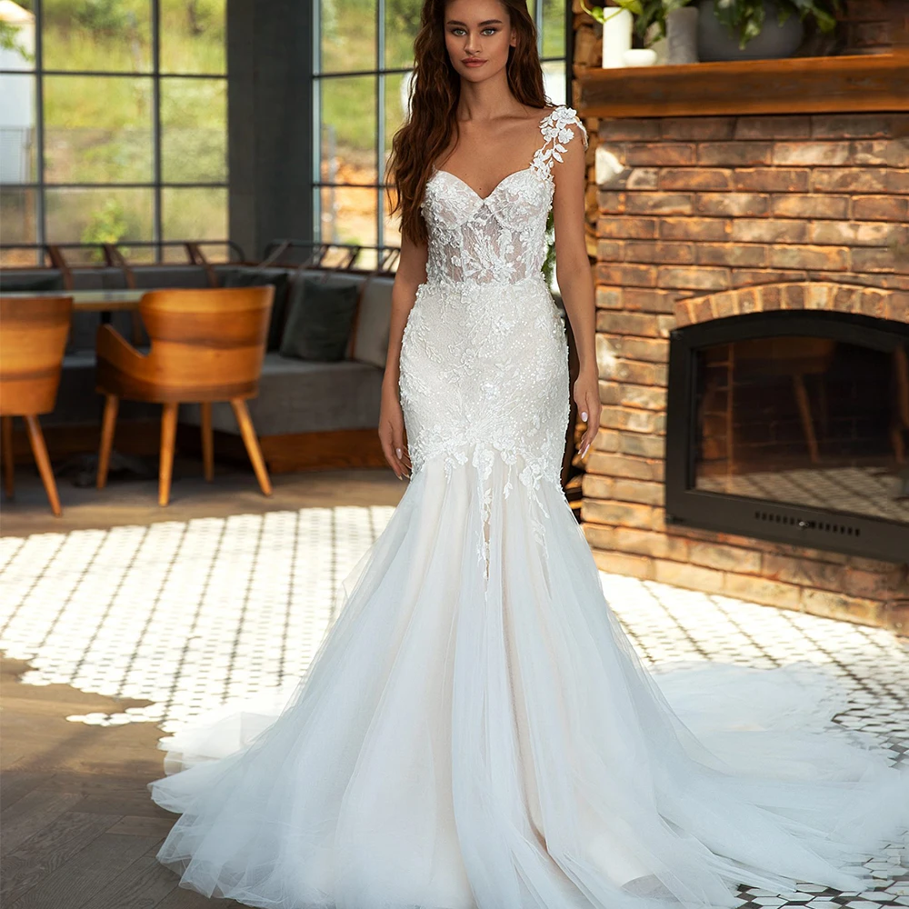 

Exquisite Tulle Mermaid Wedding Dress Bridal Applique Short Sleeve Sexy Illusion Back Sweep Train Women Custom Zipper Gowns
