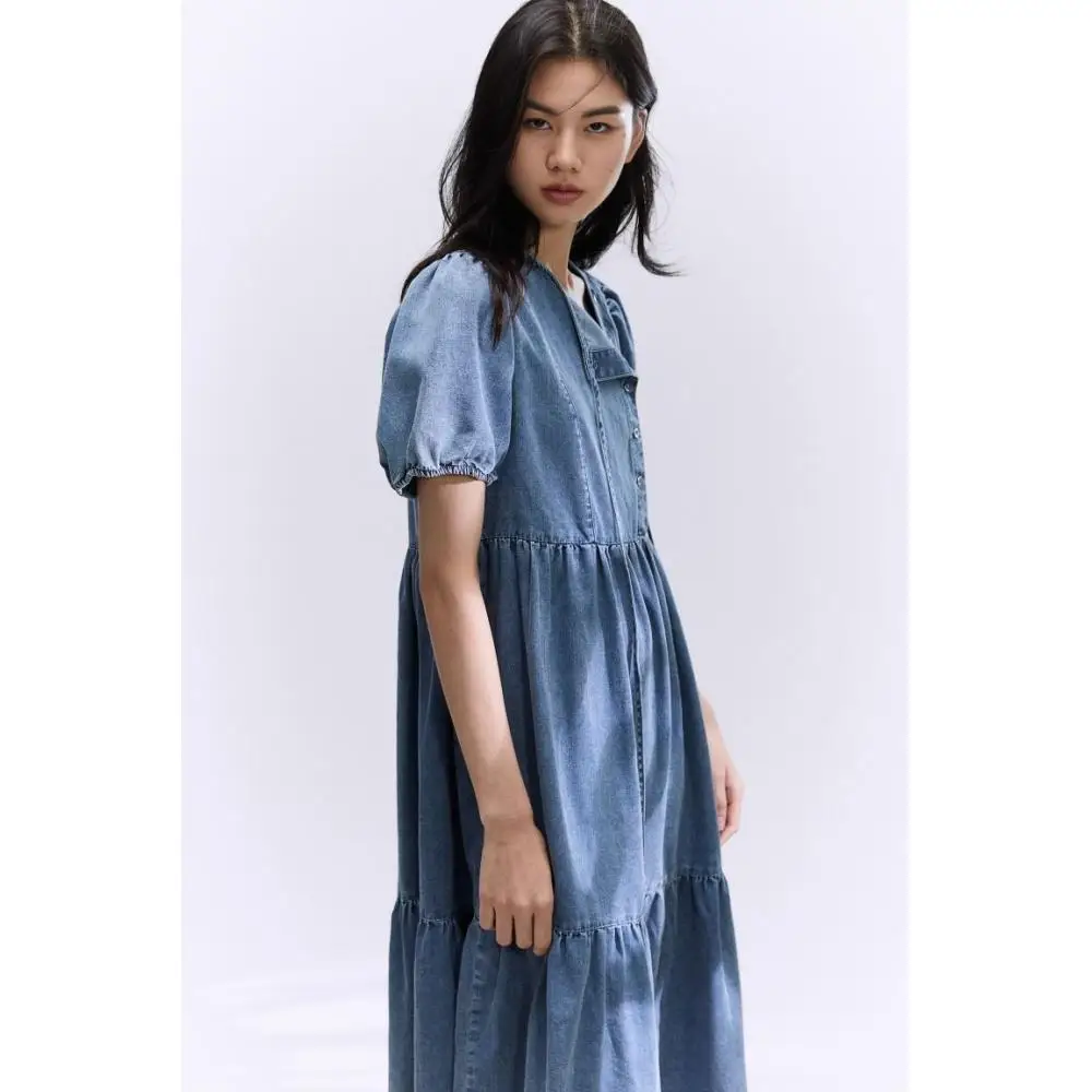 Платье H M с пышными рукавами из джинсовой ткани синего цвета