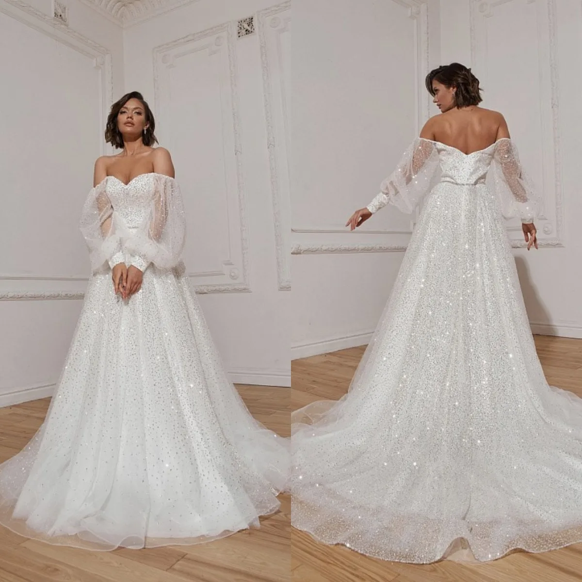 

Sparkly Boho Wedding Dresses 2022 Bohemian Sequined Beaded Wedding Gowns Off The Shoulder Beach Long Sleeve Bridal Dress