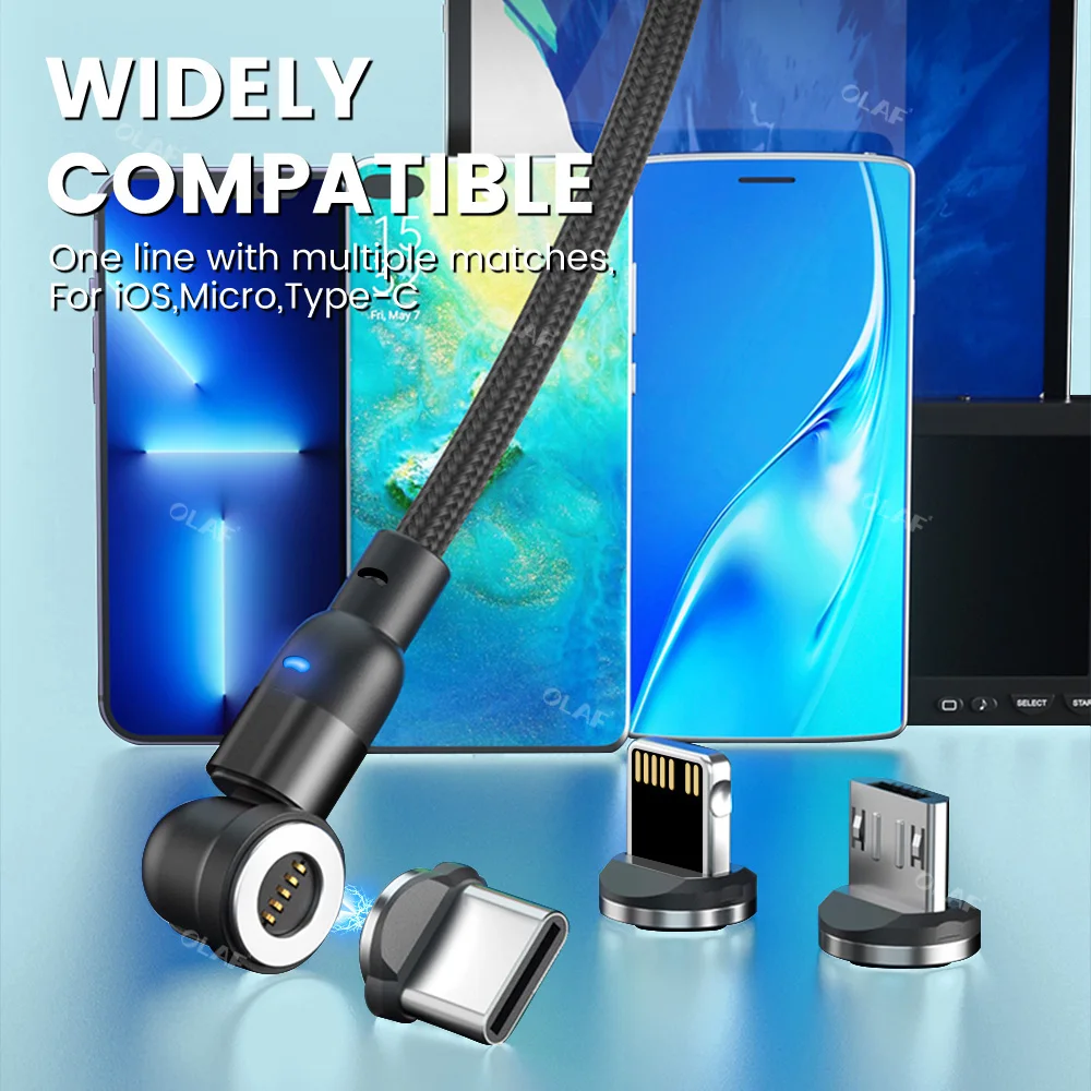 Магнитный кабель Olaf с поворотом на 540 градусов 3A USB Type C для быстрой зарядки iPhone Xiaomi