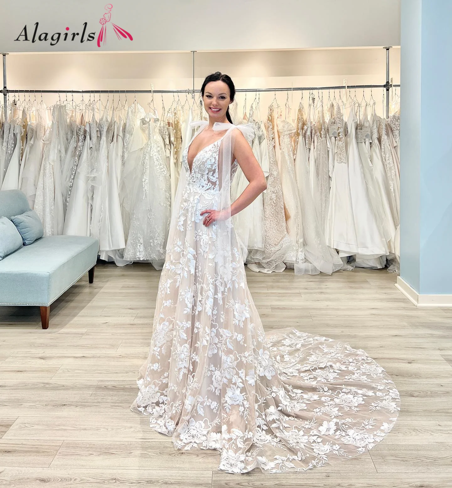 

Alagirls Sexy Lace A Line Wedding Dress 2022 Straps Court Train Bridal Gown vestido de noiva Boho Beach Wedding Dress