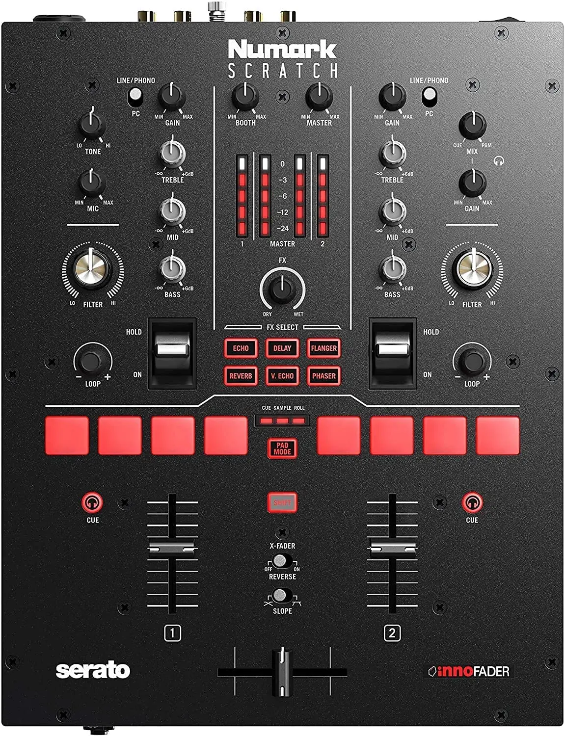 

Numark Scratch | Two-Channel DJ Scratch Mixer for Serato DJ Pro (included) With Innofader Crossfader, DVS license, 6 Direct Acce