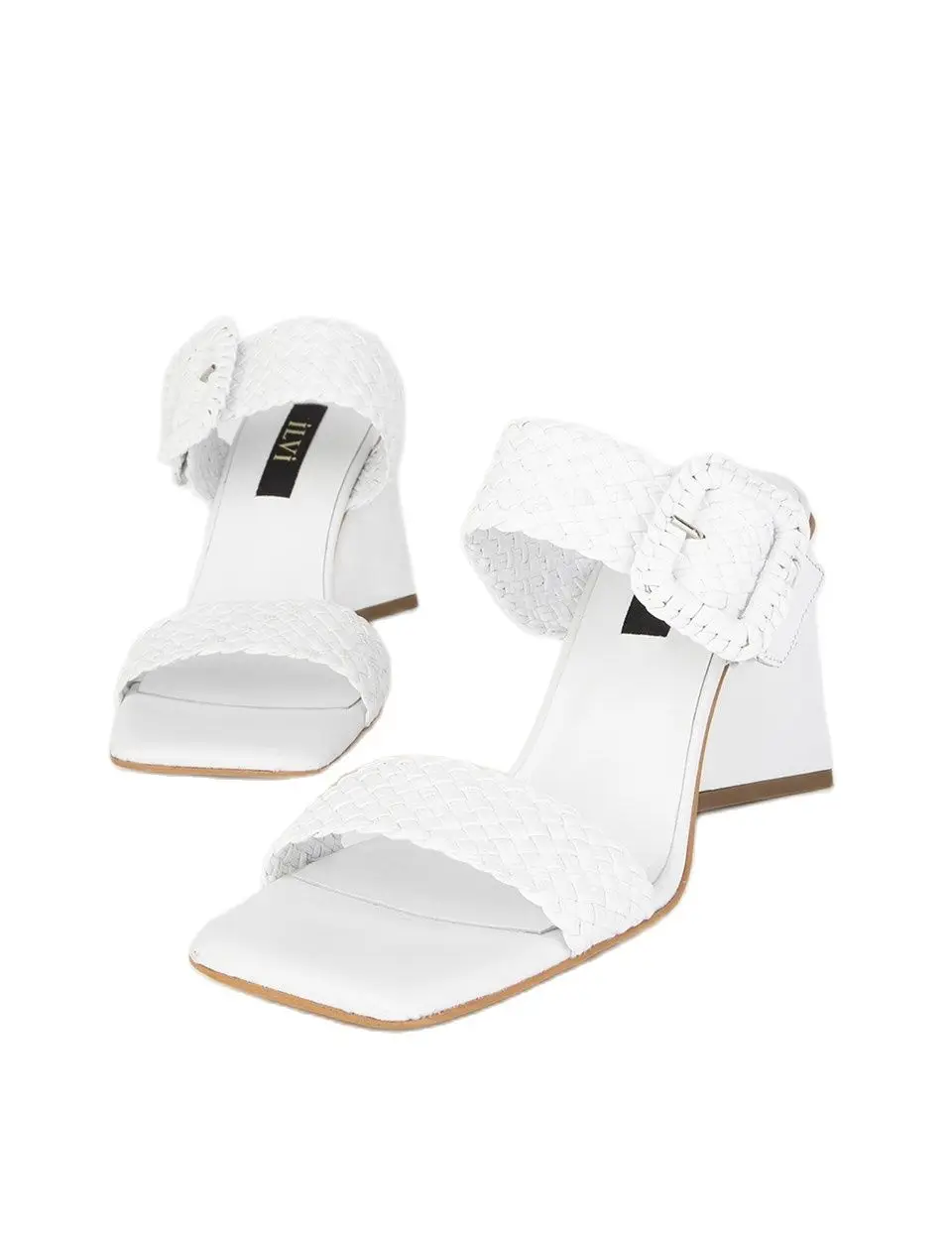 

ILVi-Genuine Leather Handmade Miny White Woven Leather Women's Heeled Slide Women Shoes 2022 Spring/Summer