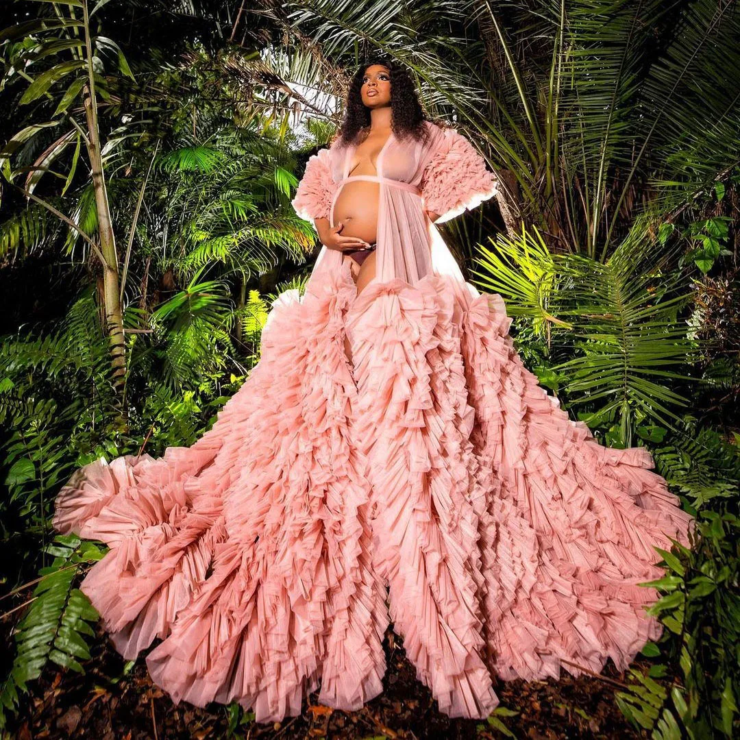 

Pink Ruffles Maternity Robes Photoshoot Tulle New Design Pregnancy Dresses For Photo Shoot Women Dress Babyshower