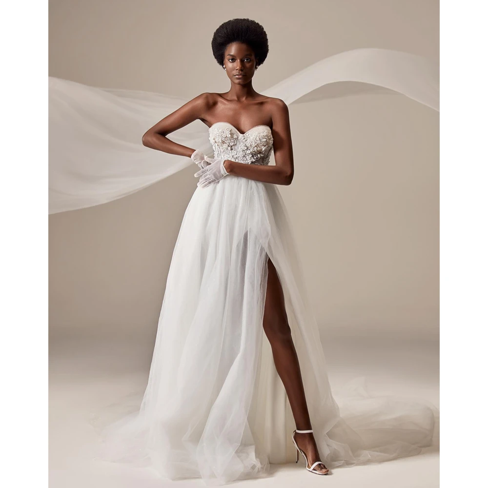 

Simple White A Line Wedding Dresses Charming Appliques Bead Sweetheart Bridal Gowns Sexy High Split Custom Made vestido de novia
