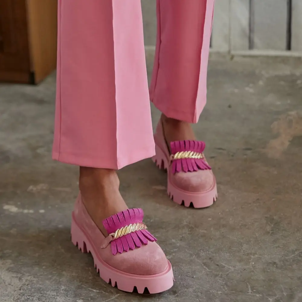 Cloud Inner Exterior Genuine Leather Suede Flat Thick Platform Eva Light Sole Buckle Loafer Poshnmore Pink Sax Blue Orange Fuch
