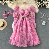 clothland women sweet floral pink dress long puff sleeve belt with lining mesh patchwork ankle length dresses vestido maxi qb261