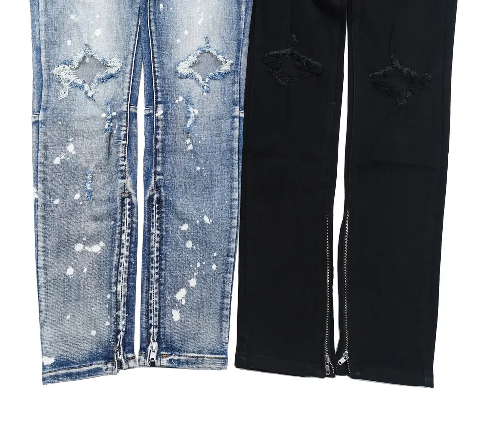 High Street Fashion Trend Big Ripped Hole Washed Retro Men's Jeans Stretched Trousers Slim Fit Pants Pencil Jeans For Men