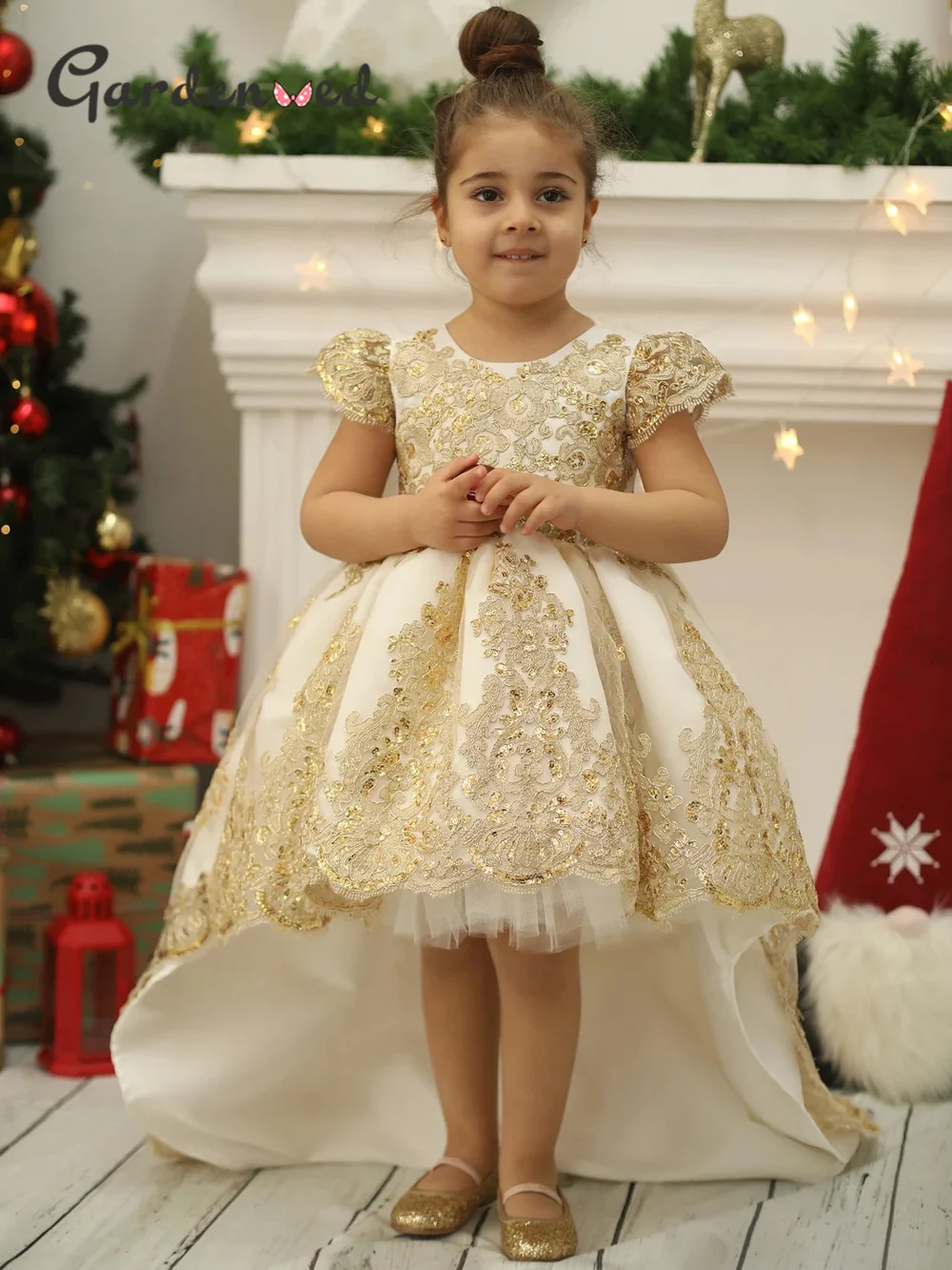 

Gardenwed Golden Flower Girl Dress Tulle Baby Girl Party Gown Fairy Kids Dance Dress Puffy High Low Dress
