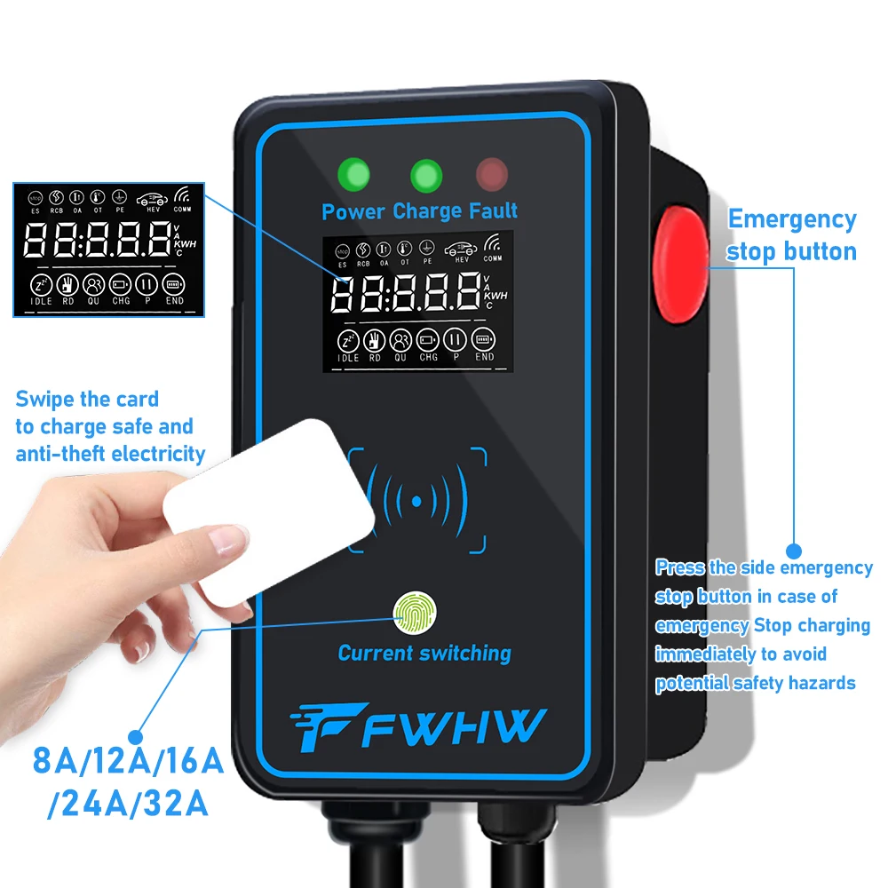 Фото FWHW EV зарядная станция с 2 RFID-картами EVSE Регулируемая 32A 7KW электрическая автомобильная зарядка Wallbox для внутреннего/наружного типа 2 EV зарядно... №2