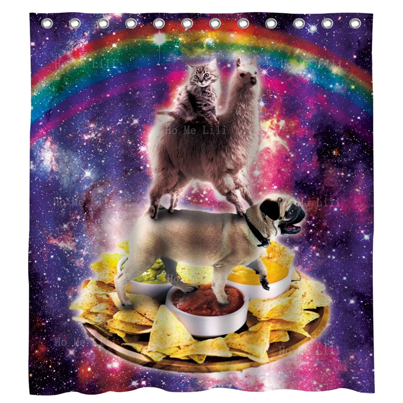 

Funny Outer Space Galaxy Cat Riding Llama Sloth Pug On Tortilla Corn Chips Taco Cosmic Rainbow Shower Curtain By Ho Me Lili