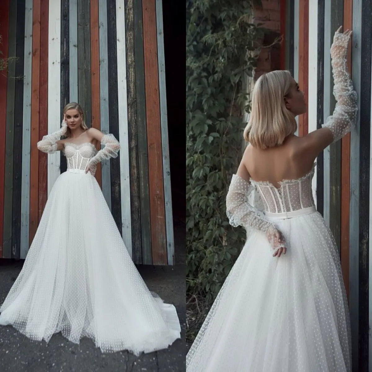 

Boho Tulle Wedding Dresses 2022 Bohemian Long Sleeve Wedding Gowns Sweetheart Beach Sweep Train Bridal Dress