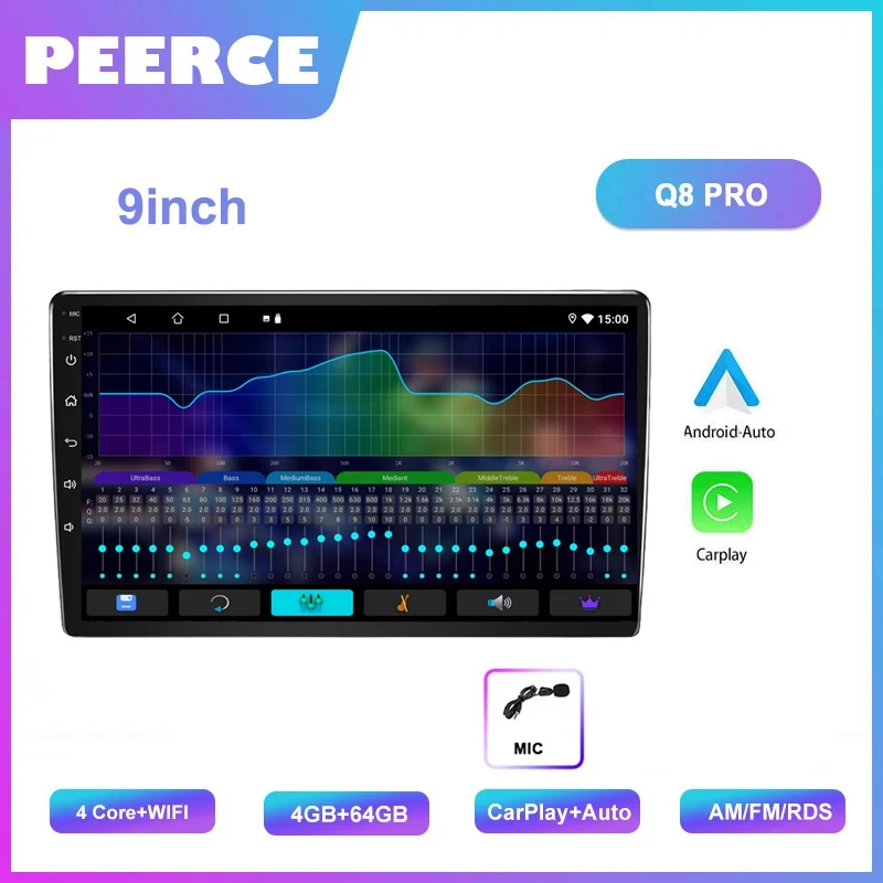 

Автомагнитола Carplay, 2 Din, 9 дюймов, 4 + 64 ГБ, GPS-навигатор, MP5, проигрыватель со стеклянным экраном, Wi-Fi, FM, BT