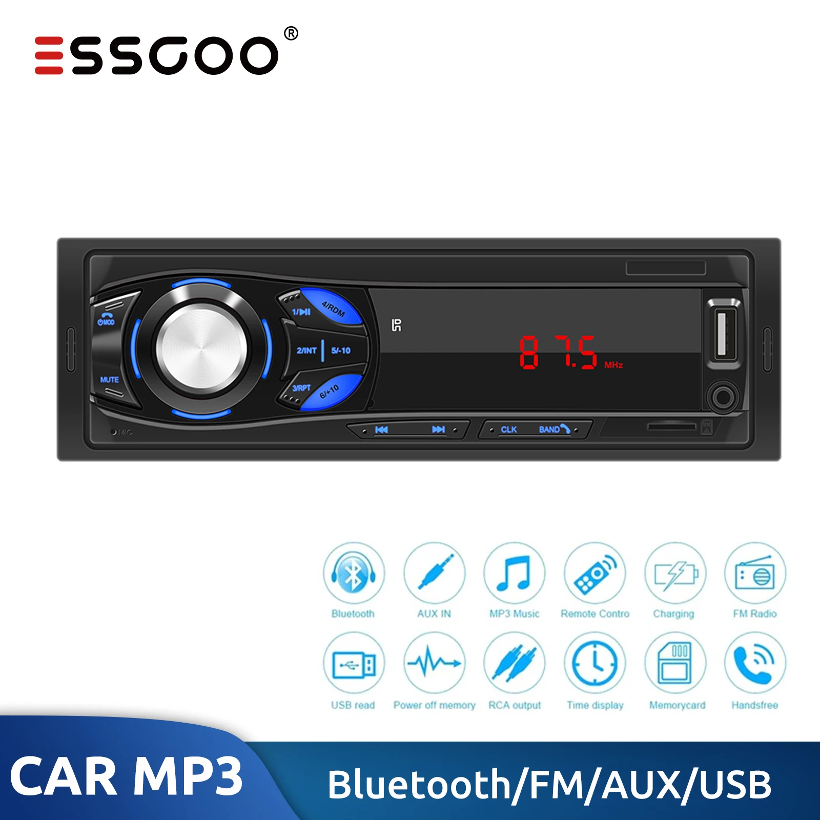 

Автомобильный MP3-плеер ESSGOO с поддержкой Bluetooth, USB, AUX, RCA