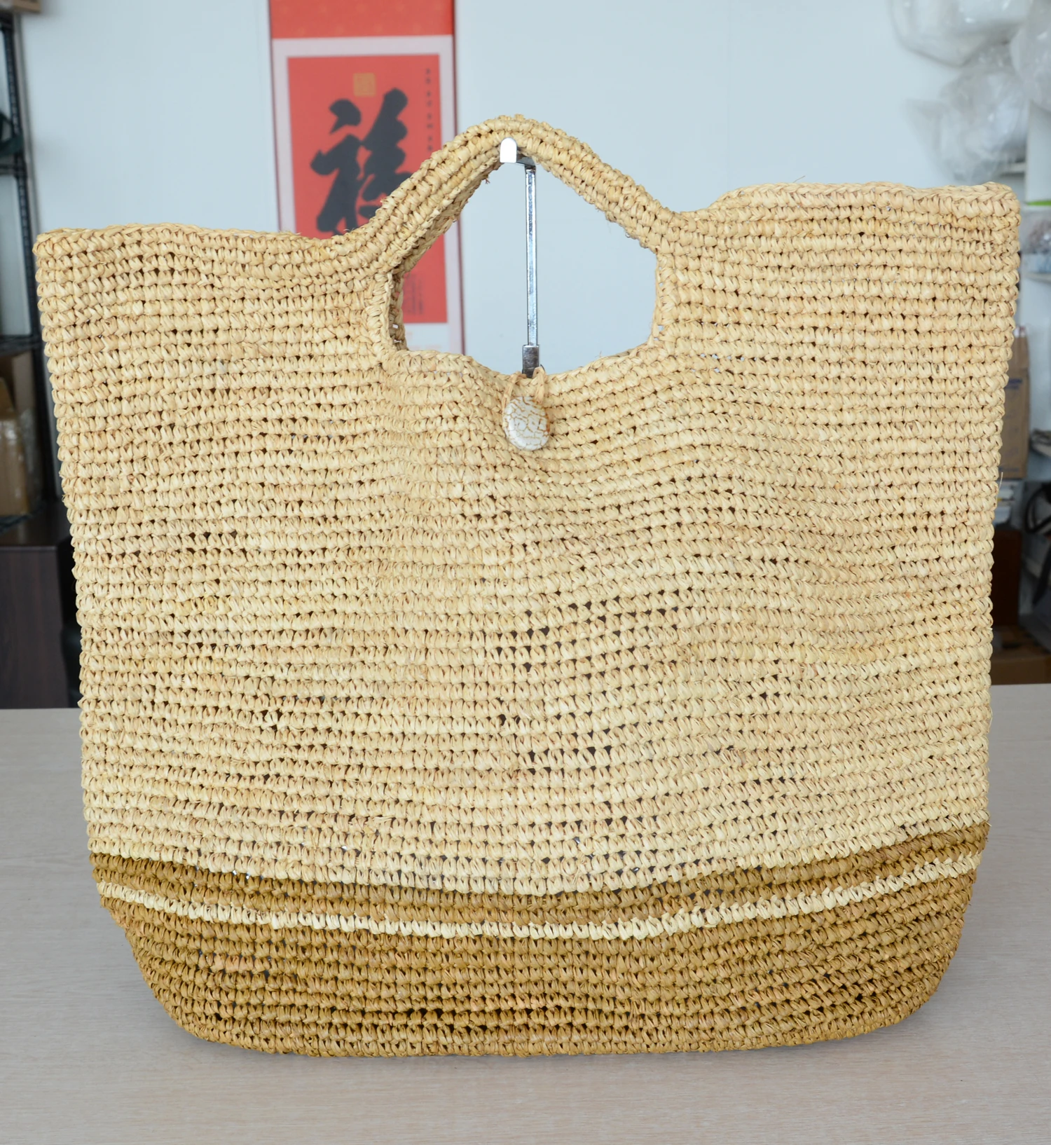 

Sunday Morning Natural Raffia Handmade Crocheted Woven Large Striped Straw Tote with Agate Stone Closure and Inside Pocket