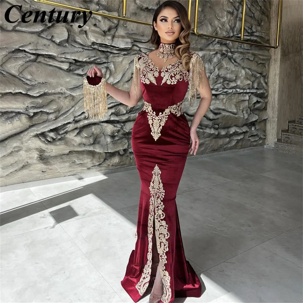 

Green Dubai Kaftan Velvet Mermaid Evening Dress Applique Tassel V Neck Side Slit Women Arabic Formal Prom Dress robes du soir