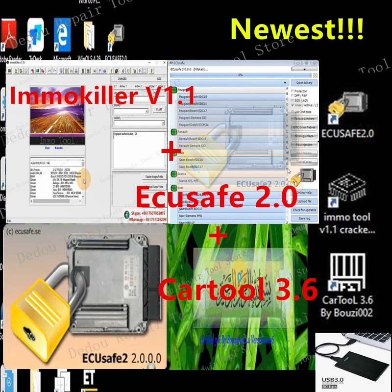

2022 горячая Распродажа ECUSafe 2,0 ECU ECM 2,0 + immokiller V 1,1 Immo выключенное программное обеспечение v1.1 ImmoKiller v1.1 программное обеспечение + Cartool 3,6 Бесплатная помощь insta