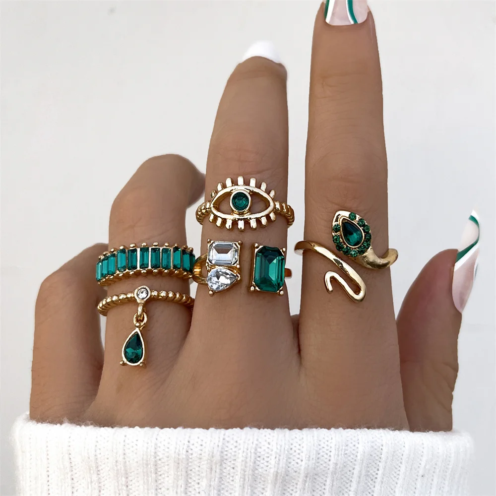 

Aprilwell 5 Pcs Green Crystal Luxury Rings Set for Women Gold Plated Ethnic Devil Eye Snake Lady Anillos Y2k Jewelry Bague Mujer