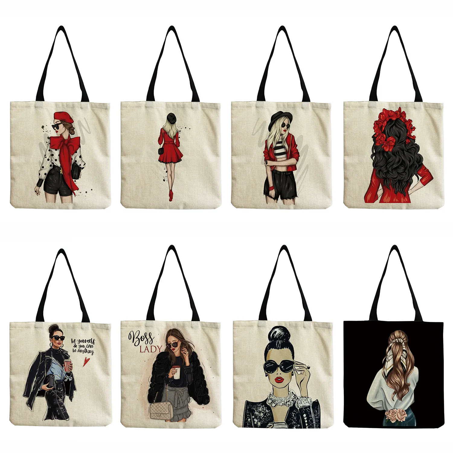 

Customizable Cartoon Hipster Urban Woman Print Tote Bag Shopper Bag Women Shoulder Bag High Capacity Fashion Outdoor Portable