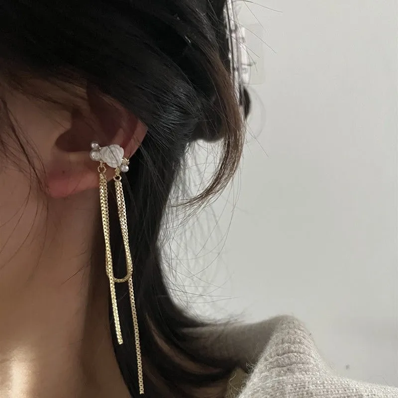 

Fashion Long Tassels Rose Clip Earrings For Women Pendant Ear Clips Without Piercing Shining Pearl Flower Earring Party Jewelry