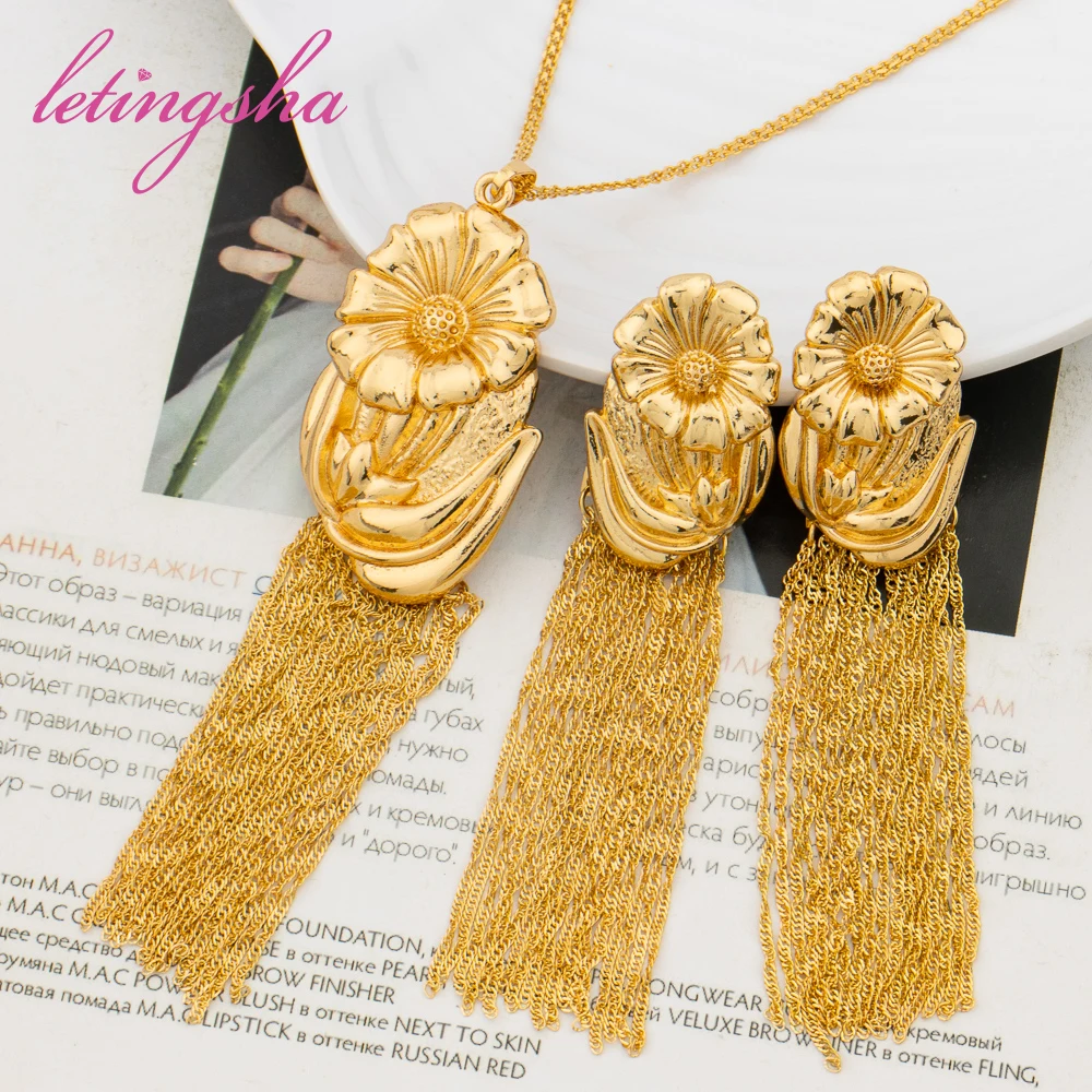 

Dubai Fashion Women's Jewelry Sets Gold Color Luxury Flower Earrings Pendent Necklace Daily Wear Party Wedding Anniversary Gifts