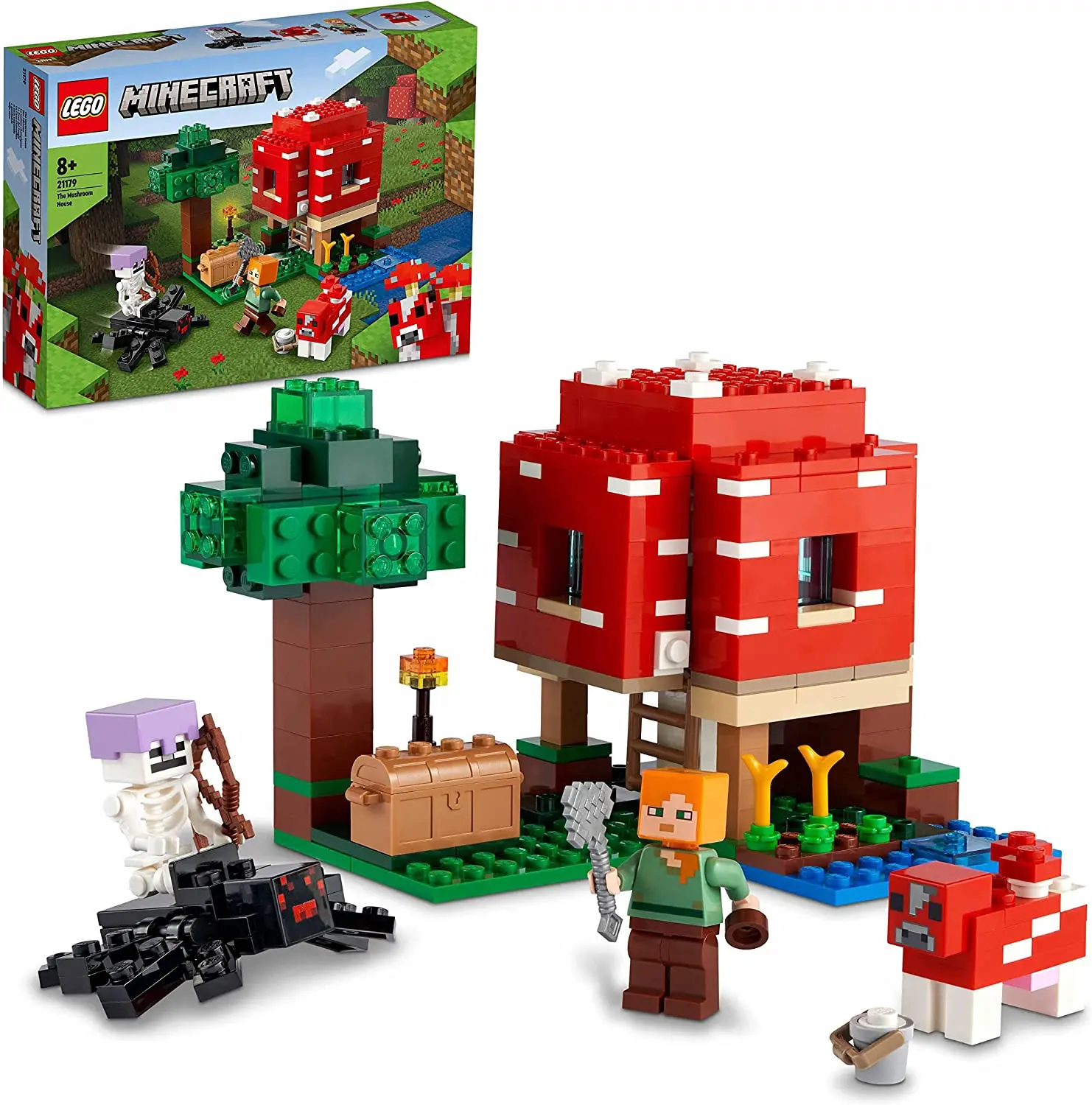 

Конструктор LEGO 21179 Minecraft грибковый дом, строительная игрушка для детей 8 лет плюс, Подарочная идея с Алексом, Mooshroom & Spider Jockey