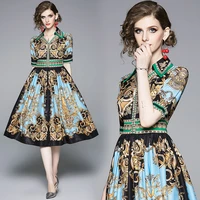 new womens summer dress european turndown collar retro floral printed short sleeve dress high waist big hem midi vestido
