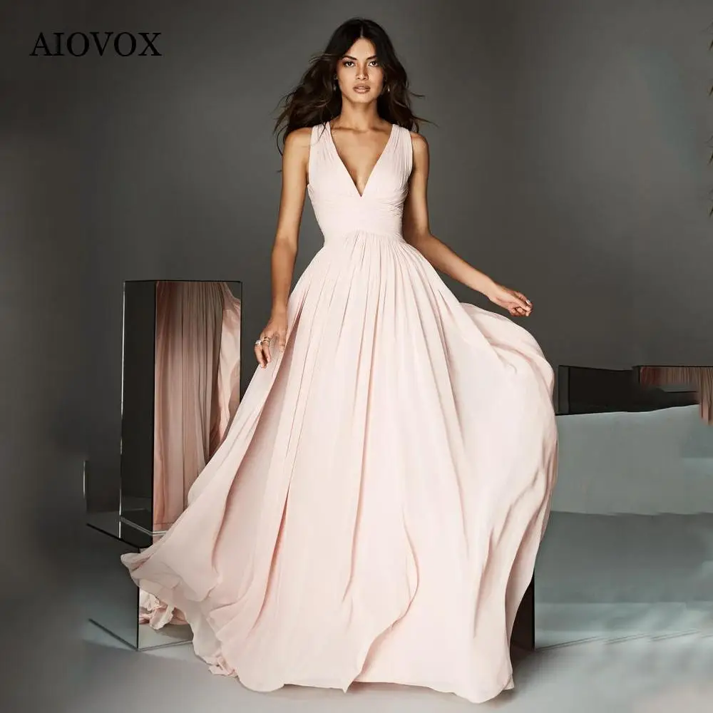 

AIOVOX V-Neck Bridesmaid Dresses Simple Chiffon Hollow Backless A-Line Sleeveless Prom Dress Evening Gowns Long Robes De Soirée