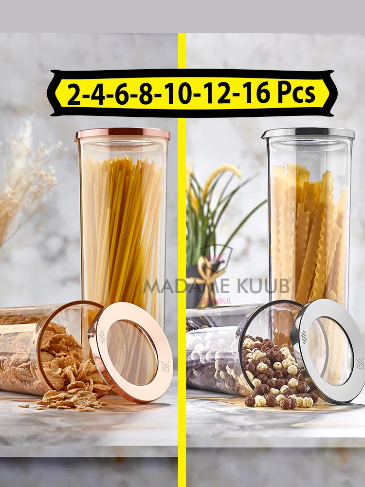 

Food Container Storage Box Kitchen Round Organizer Jar Vacuum Lid Airtight Cover Smoked Rose Gold Copper Color 1750ml For Legume