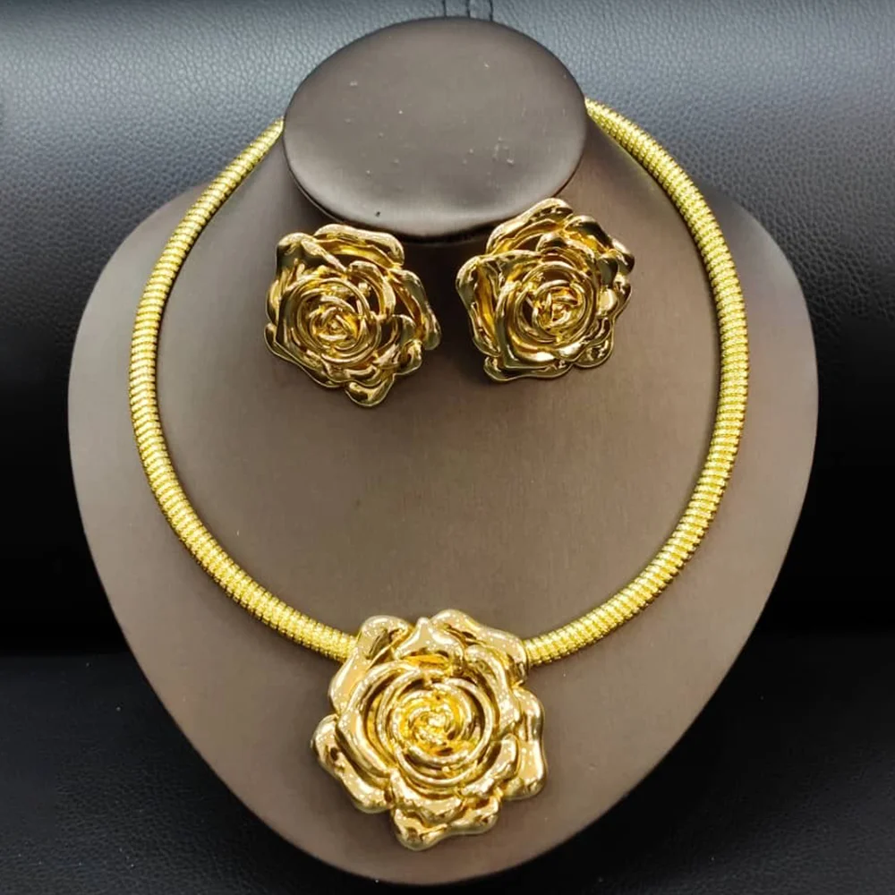 

Fashion 2pcs Jewelry Set Gold Plated Rose Design Necklace and Earrings Dubai African Weddings Jewelry Party Engagement Gifts