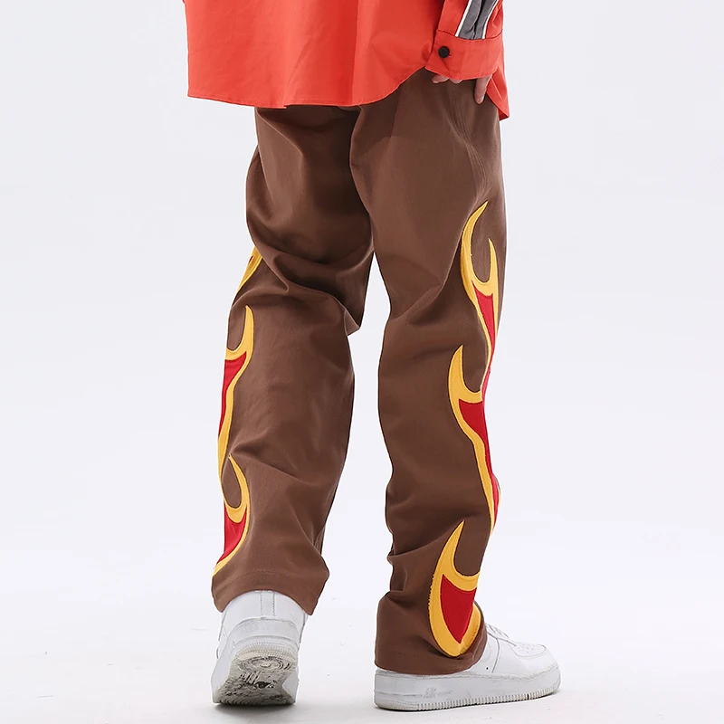 Harajuku Flame Embroidery Straight Casual Mens Cargos Streetwear Retro Pockets Patchwork Loose Trousers Jeans Pants For Boys