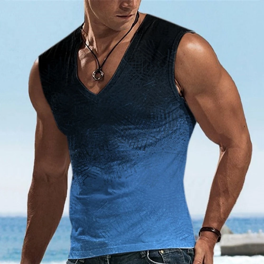 

Summer 2023 Graphic Printed Sleeveless T Shirts Men Gradient Tank Top V Neck Oversized Tees Casual Streetwear Muscle Gym Clothes