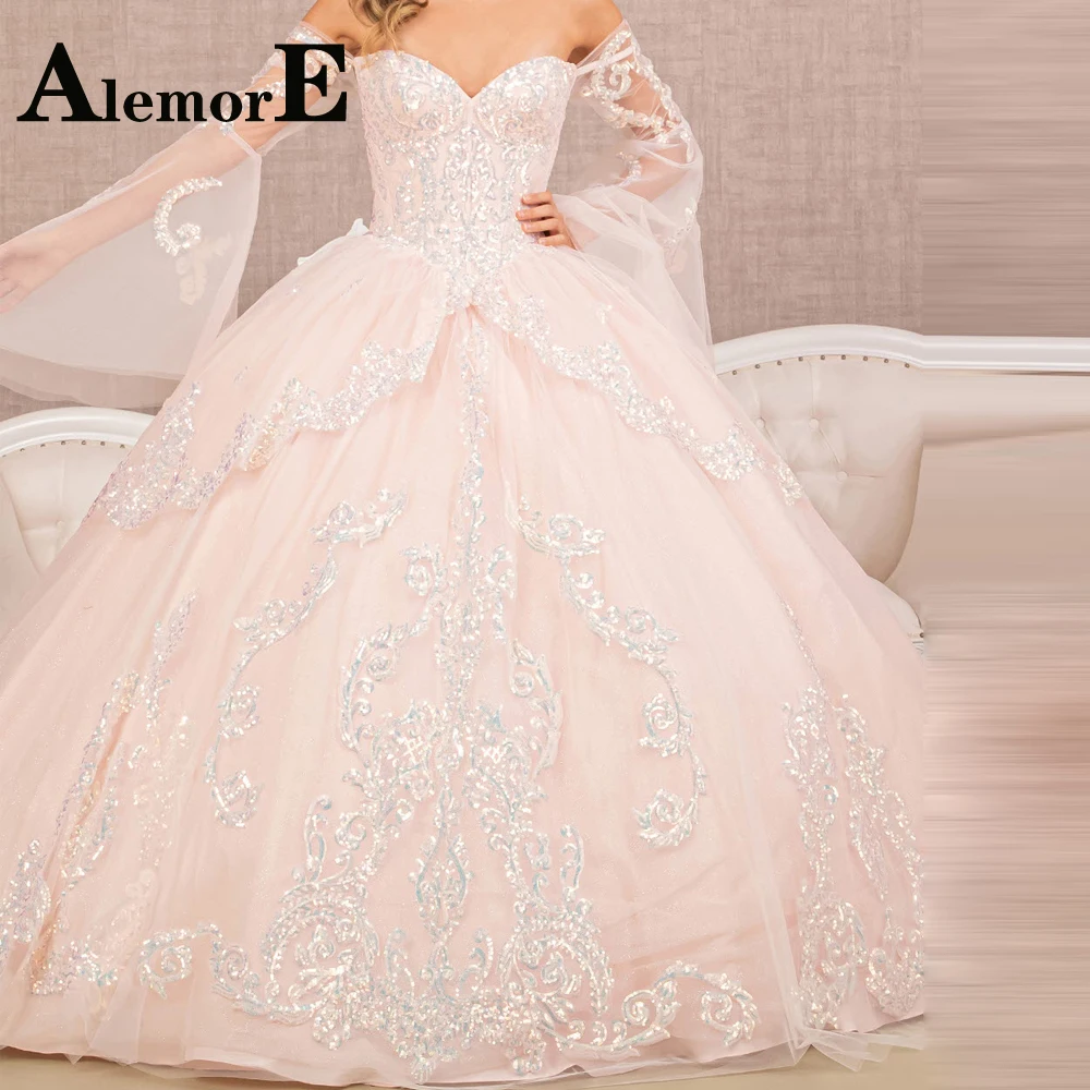 

Alemore Elegant Ball Gown Quinceanera Dresses Sweetheart Puffy Sleeves Layered Appliques Dropping Shipping Vestido De 15 Anos