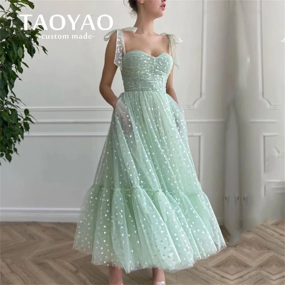 

Shiny Fairy Prom Dresses Sweetheart Mint Green Evening Dresses Bow Spaghetti-Strap Party Gowns Short Graduation Robes De Soirée