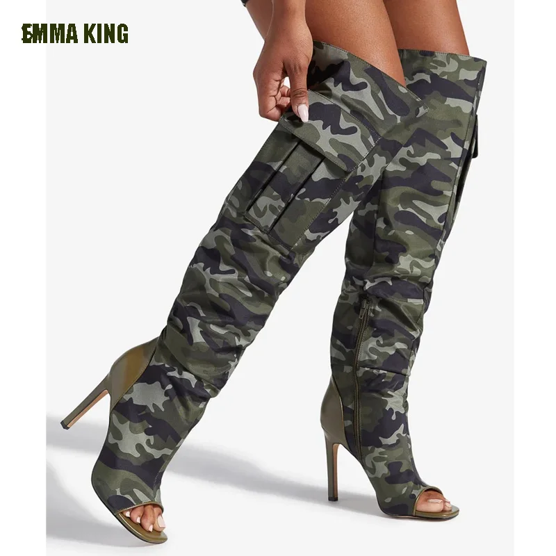 

Женские осенние камуфляжные сапоги с открытым носком, женские модные Подиумные Новые поступления, специальные Сапоги выше колена, 2022