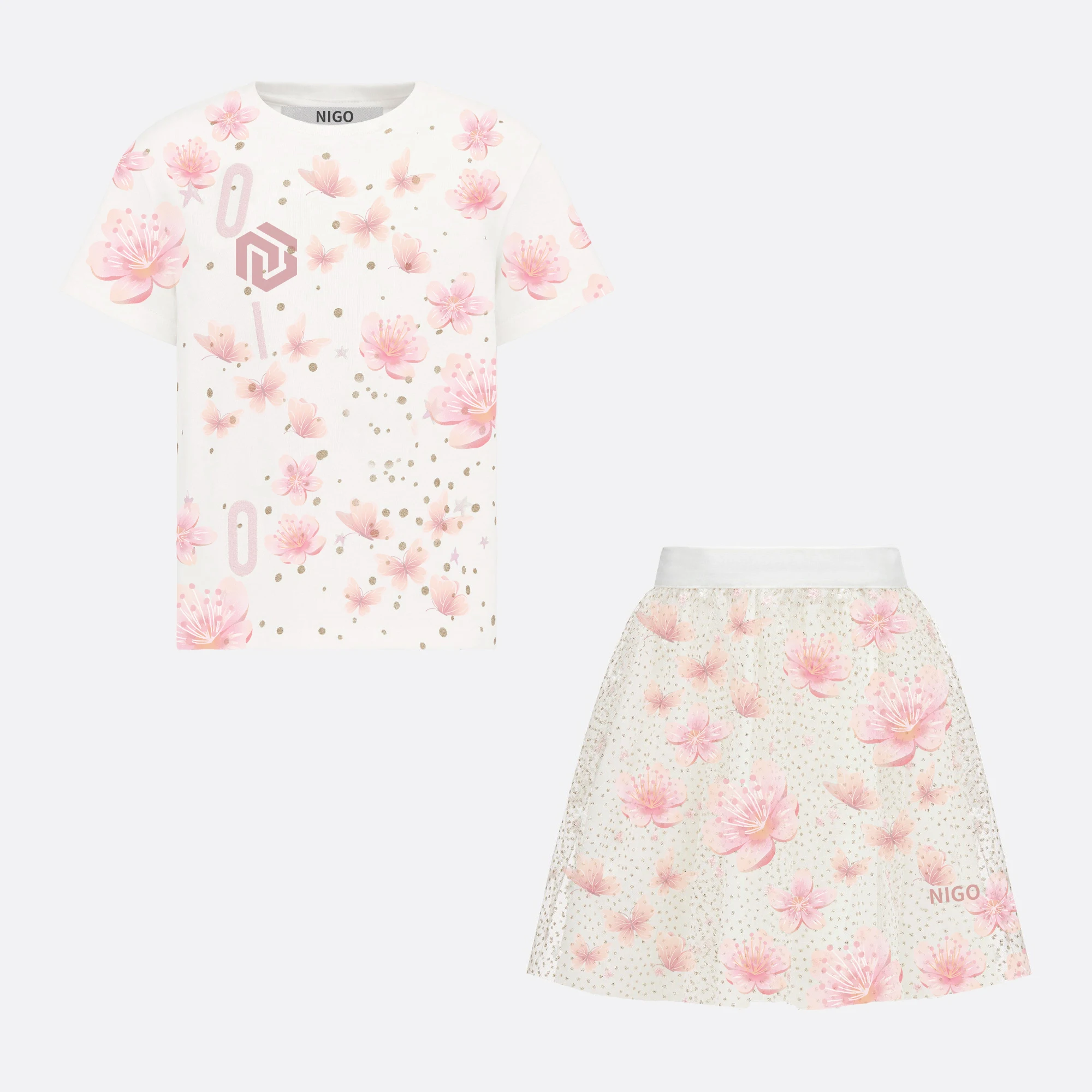 

NIGO Children's Cotton Floral Print Short Sleeve T-Shirt Skirt Suit #nigo38597