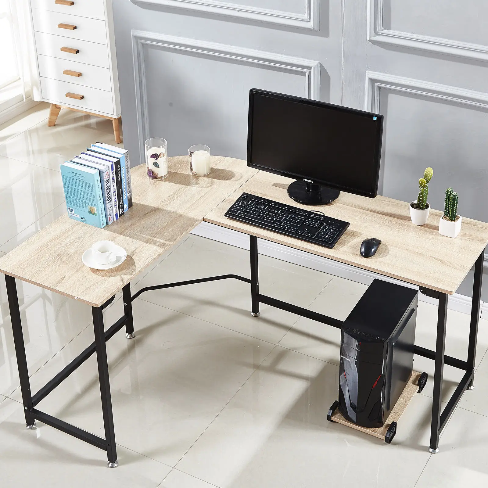 

L-Shaped Corner CPU Stand Study Writing Table Workstation Gaming Computer Desk for Home Office,Brown, 66"x 18"x 29"