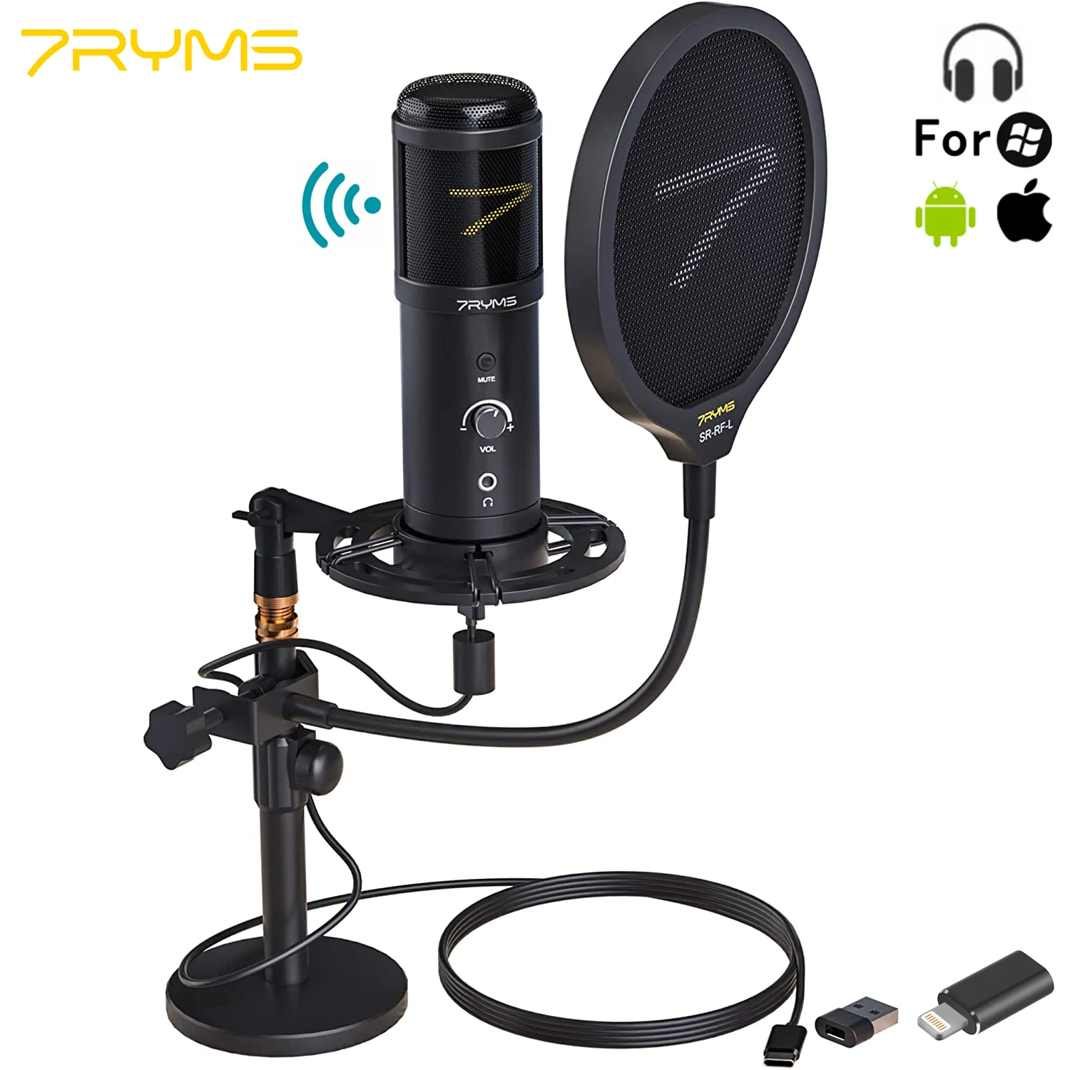 7RYMS Condenser USB Microphone SR-AU01-K2 PC Microphone Kit with Shock Mount and Real-time Monitor for Podcast Live Streaming