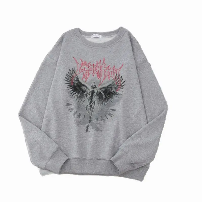 Y2K Hoodie Vintage Angel Print Ladies Hoodie Harajuku Winter Print Top Dark Aesthetic Fairy Death Rock Style Crew Neck