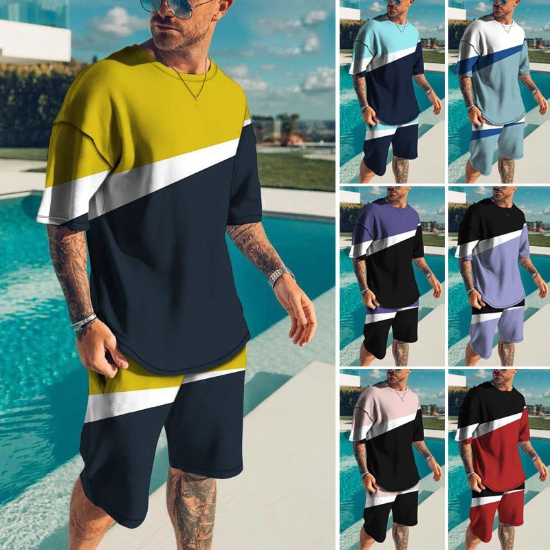 

2022 Men's Fashion Stripe Shirts Suits Shorts 2-piece Sets Male Colorful Sports Shirts+shorts Basic Sets Summer Men Tracksuits