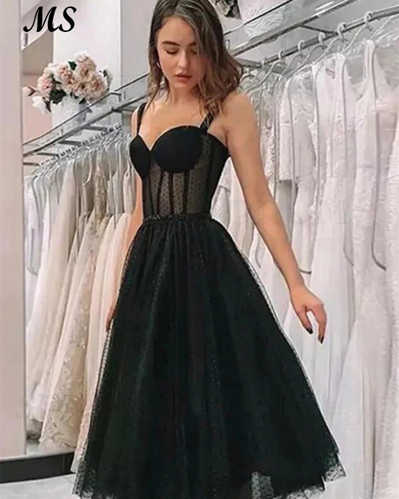 

MS A Line Black Dot Tulle Prom Gowns Spaghetti Strap Bone Corest Tea Length Midi Evening Party Dress For Birthday Party Invite