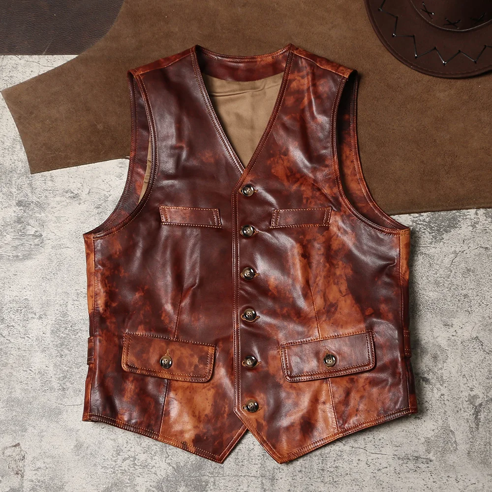 

DSV158 Super Offer! Asian Size Quality Cow Skin Waistcoat Leather Vest