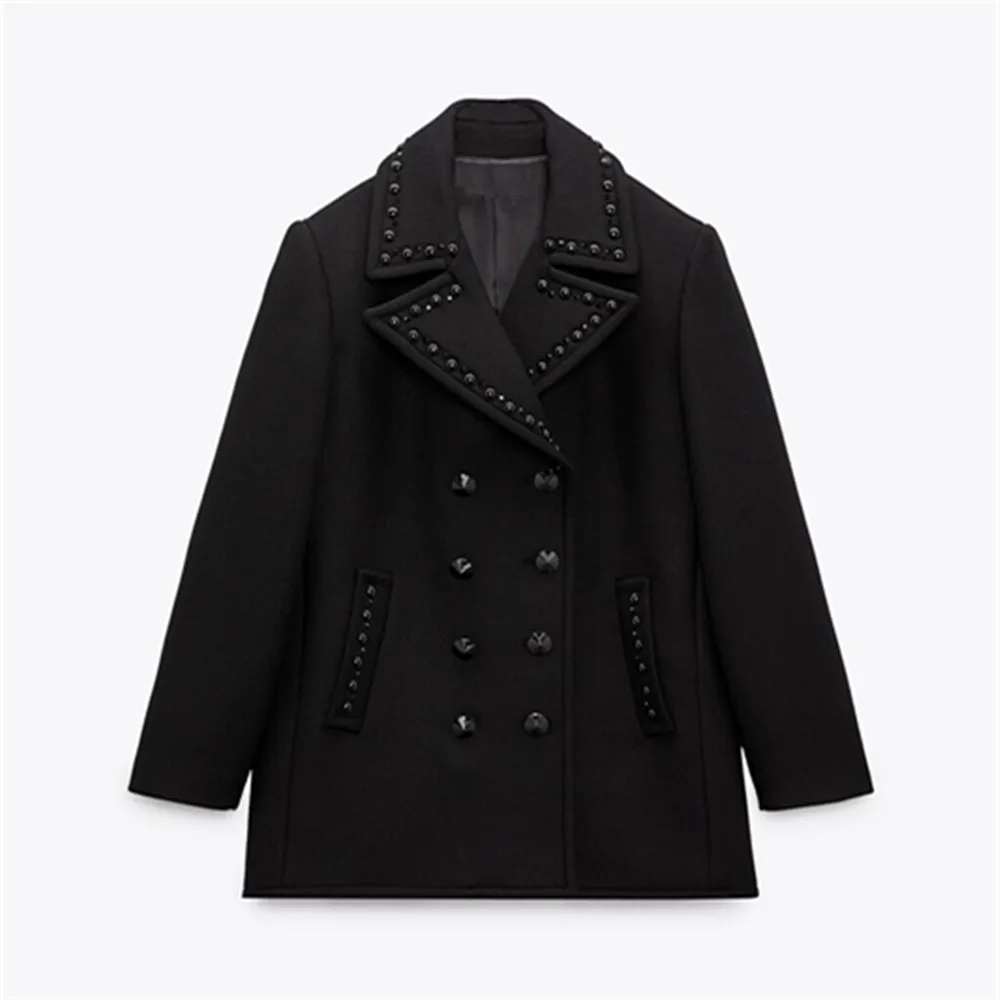 

PB&ZA autumn and winter new women's fashion commuter long-sleeved lapel wool blend rivet trim black coat coat 8539/744